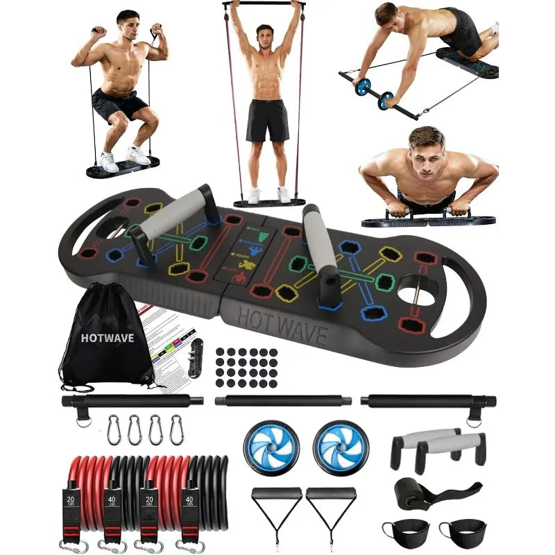 HOTWAVE Portable Exercise Equipment with 16 Gym Accessories.20 in 1 Push up Board Fitness,Resistance Bands with Ab Roller